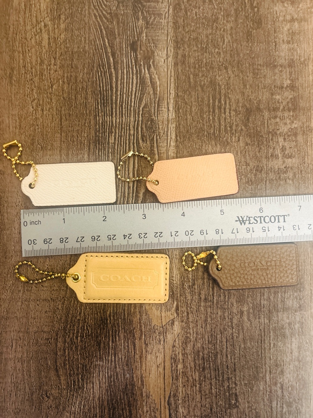 4 Coach Leather Bag Hang Tag Set with Gold Ball and Chains Attached